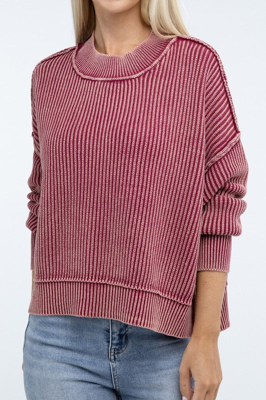 Washed Side Slit Oversized Cropped Cotton Sweater CABERNET S M Tops