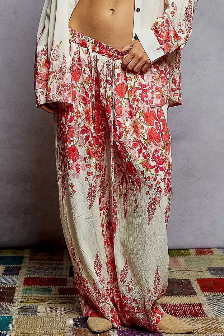 IVORY PINK FLORAL POL Floral Printed Woven Wide Leg Drawstring Pants | Pants Daverri Fashions