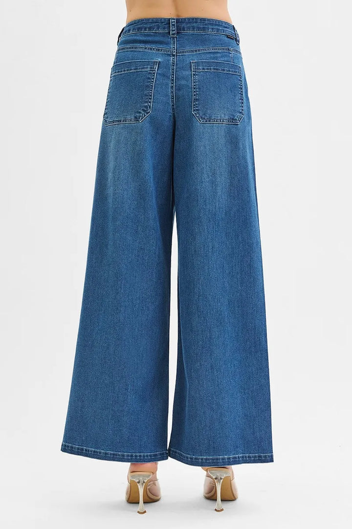 RISEN Mid Rise Fit Wide Leg Knit Denim Look Jeans Jeans