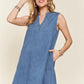 ADORA notched sleeveless denim dress in medium blue with v-neck and pockets