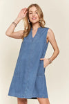 ADORA notched sleeveless denim dress in medium blue with v-neck and pockets