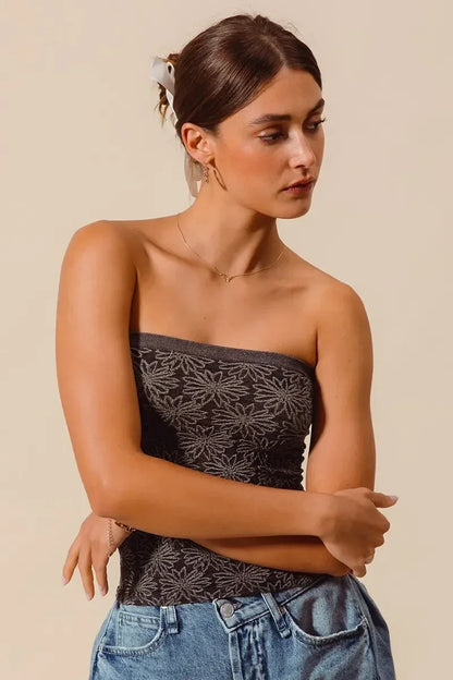 SO ME Jacquard Floral Two Tone Seamless Tube Top - DAVERRI FASHIONS