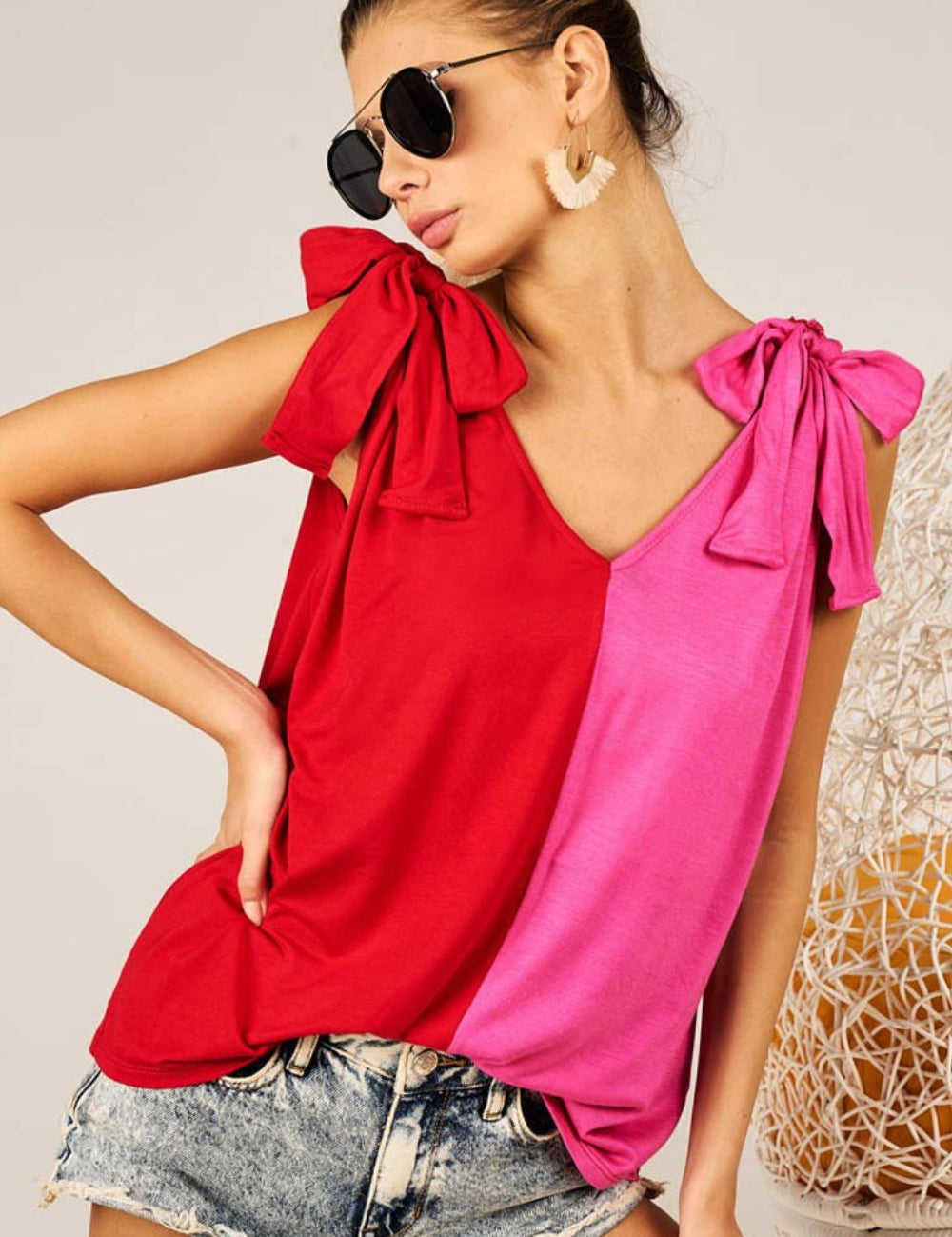 BiBi Shoulder Ribbon Tied Contrast Tank Red Fuchsia