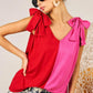 BiBi Shoulder Ribbon Tied Contrast Tank Red Fuchsia Tank Tops