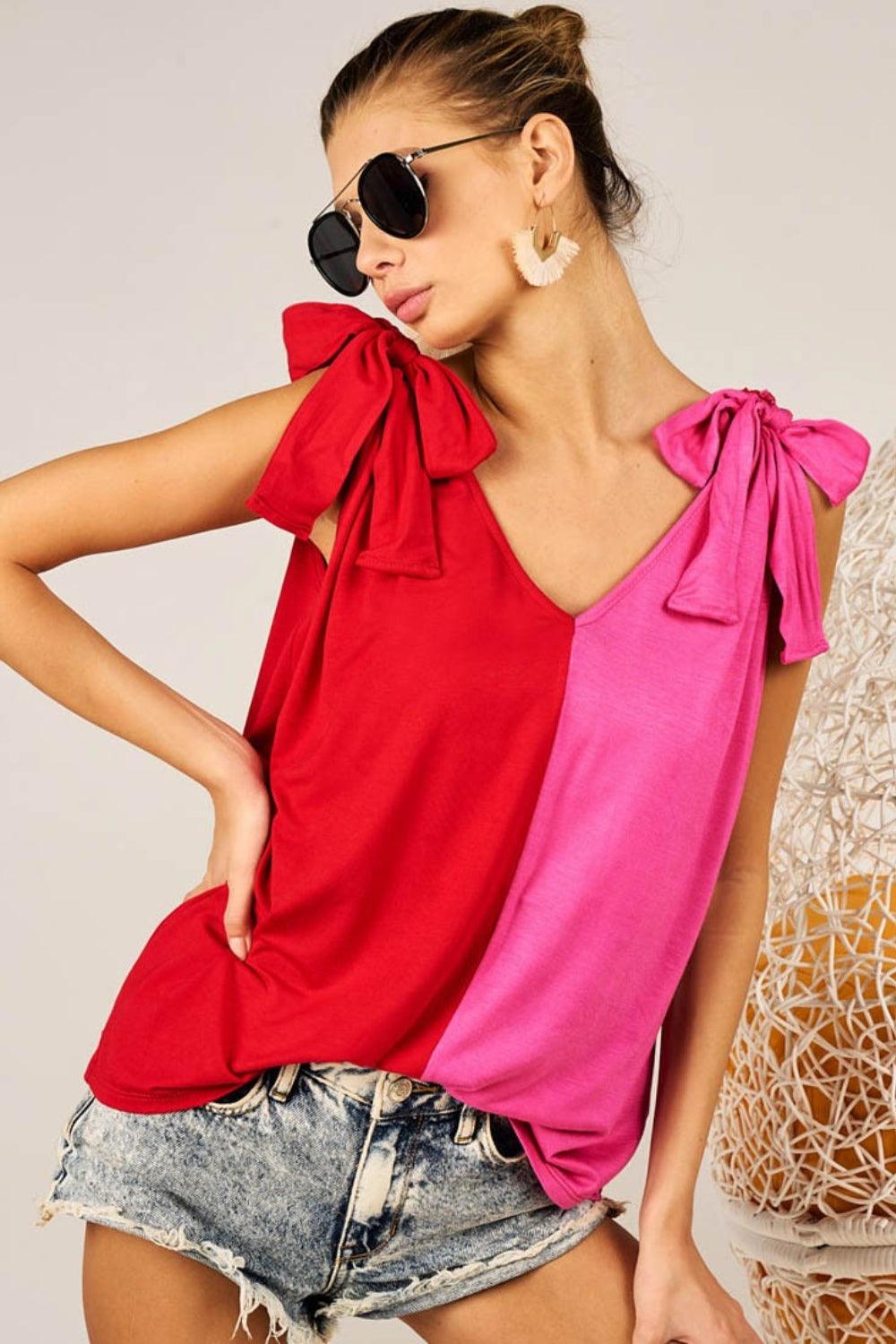 BiBi Shoulder Ribbon Tied Contrast Tank Red Fuchsia Tank Tops