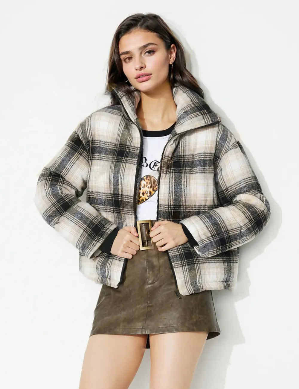 Gray Plaid Zip Up Long Sleeve Jacket | Jackets Daverri Fashions