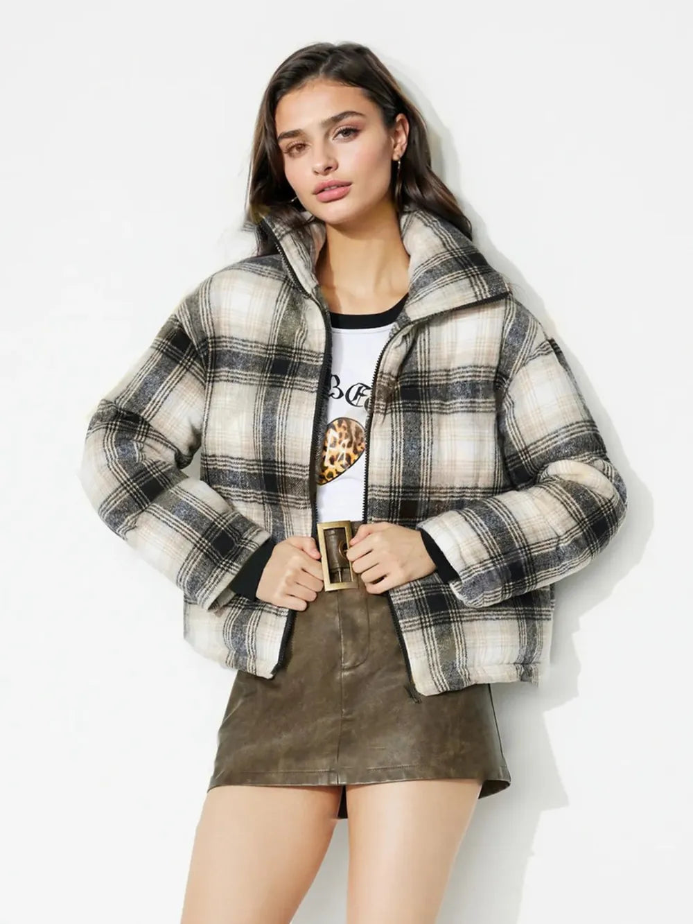 Gray Plaid Zip Up Long Sleeve Jacket | Jackets Daverri Fashions