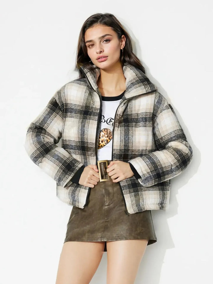 Gray Plaid Zip Up Long Sleeve Jacket | Jackets Daverri Fashions