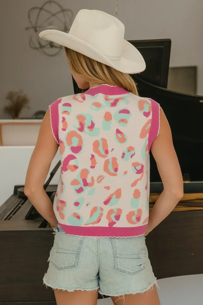 BiBi Leopard Sweater Vest With Front Tie and Scallop Detail Vests