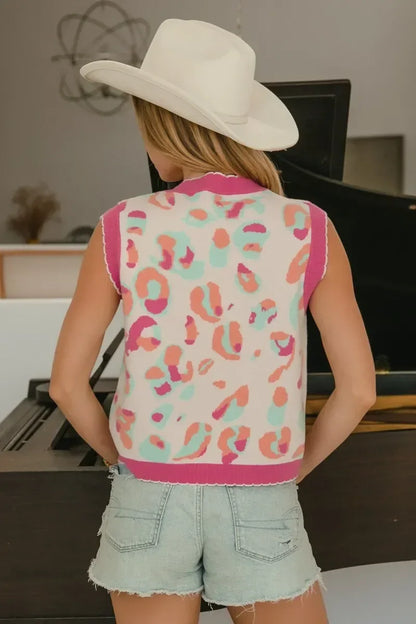 BiBi Leopard Sweater Vest With Front Tie and Scallop Detail - DAVERRI FASHIONS