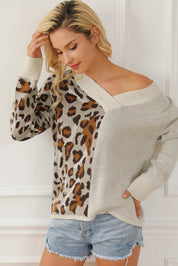 Leopard V Neck Drop Shoulder Sweater | Sweaters Daverri Fashions