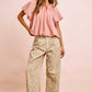 BiBi Stripes soft pink textured blouse with shirred neckline and flutter sleeves