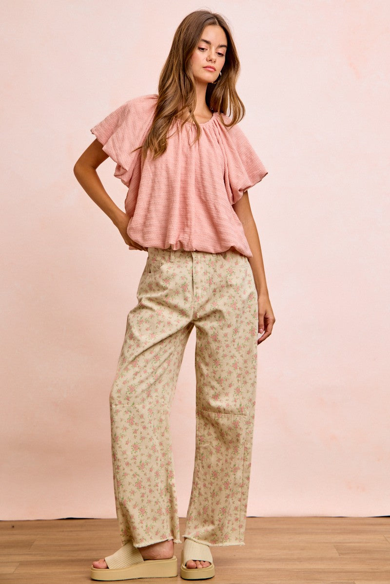 BiBi Stripes soft pink textured blouse with shirred neckline and flutter sleeves