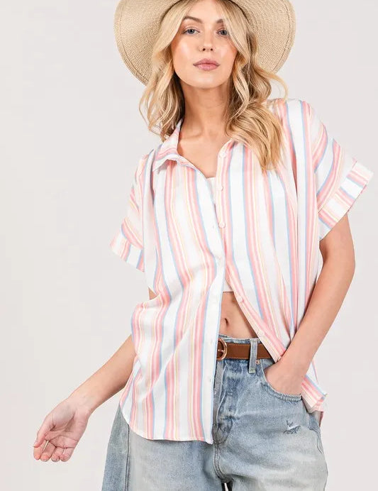 PINK S SAGE+FIG Multi Stripe Button Down Short Sleeve Shirt | Daverri Fashions