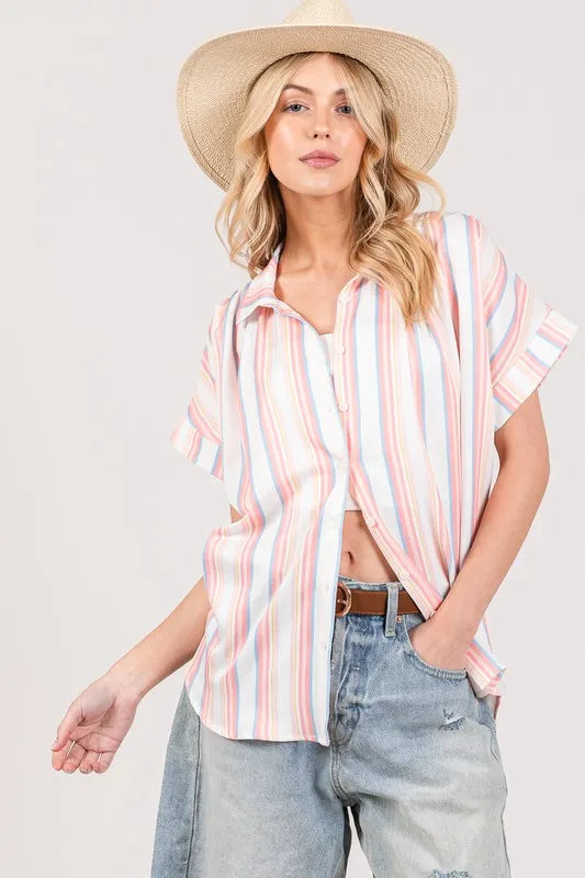 SAGE+FIG Multi Stripe Button Down Short Sleeve Shirt PINK S