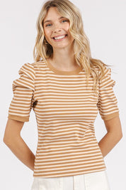 Mittoshop Striped Round Neck Puff Sleeve T-Shirt Tan