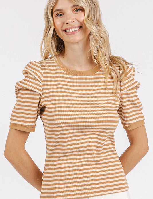 Mittoshop Striped Round Neck Puff Sleeve T-Shirt Tan