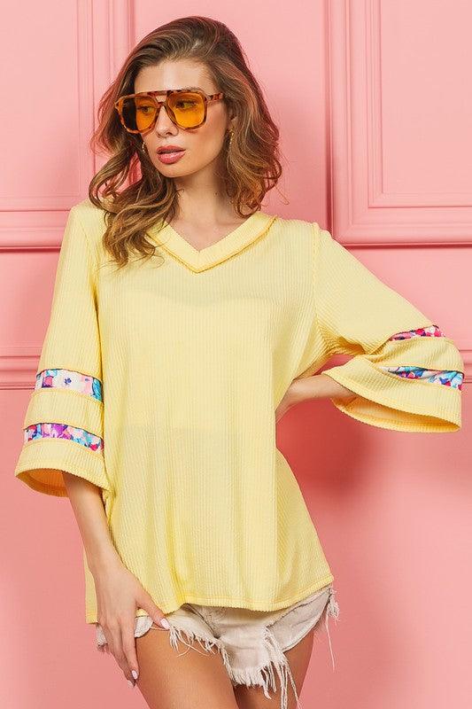 BiBi Cord Rib with Stitched Floral Contrast Top Light Yellow M Tops