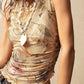 Daverri Floral Print Mock Neck Tank in sheer beige-pink floral ruched design