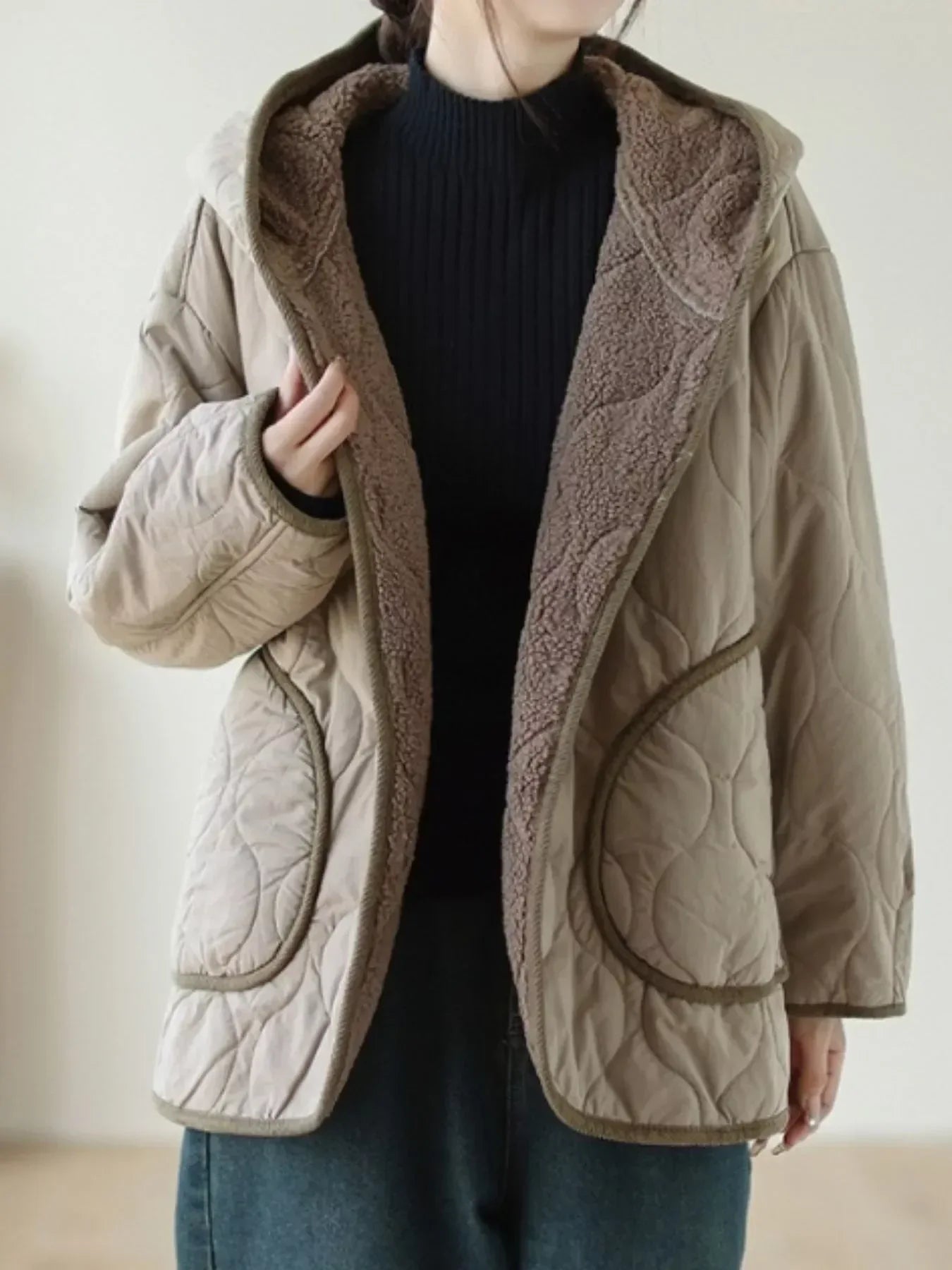 Quilted Hooded Sherpa Lined Jacket - DAVERRI FASHIONS