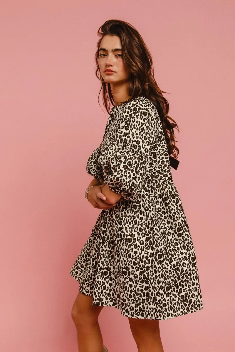 BiBi Leopard Denim Dress With Back Contrast Tie Detail | Daverri Fashions