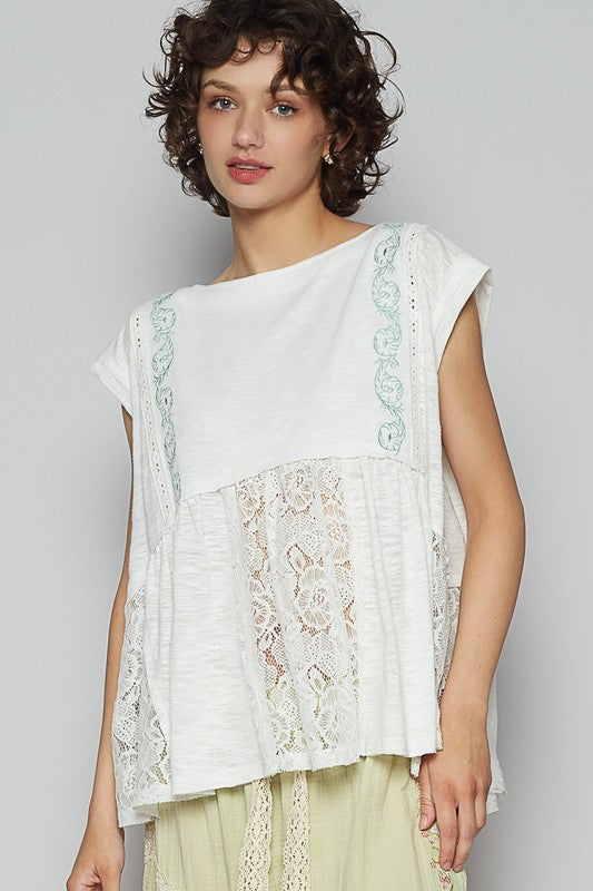 POL Embroidered Detail Boat Neck Cap Sleeve Lace Blouse