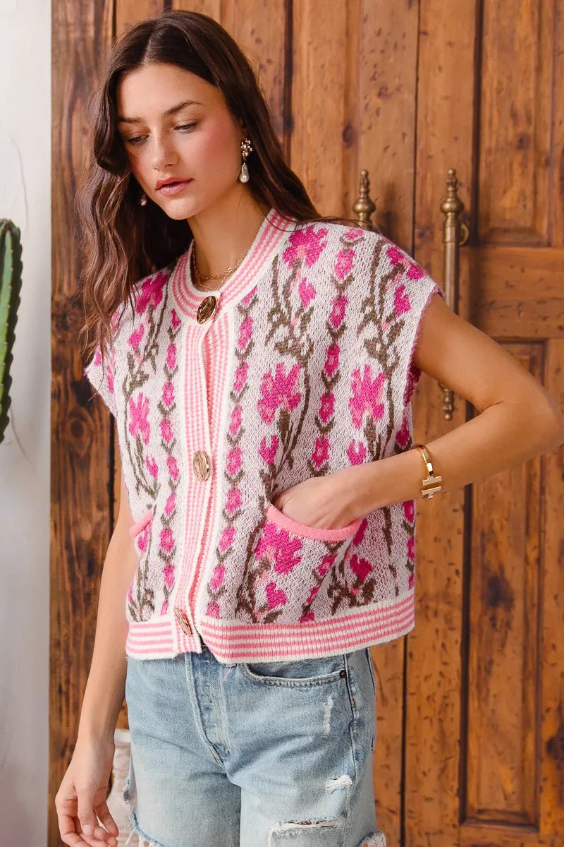 SO ME Button Front Floral and Stripe Knitted Sweater Vest