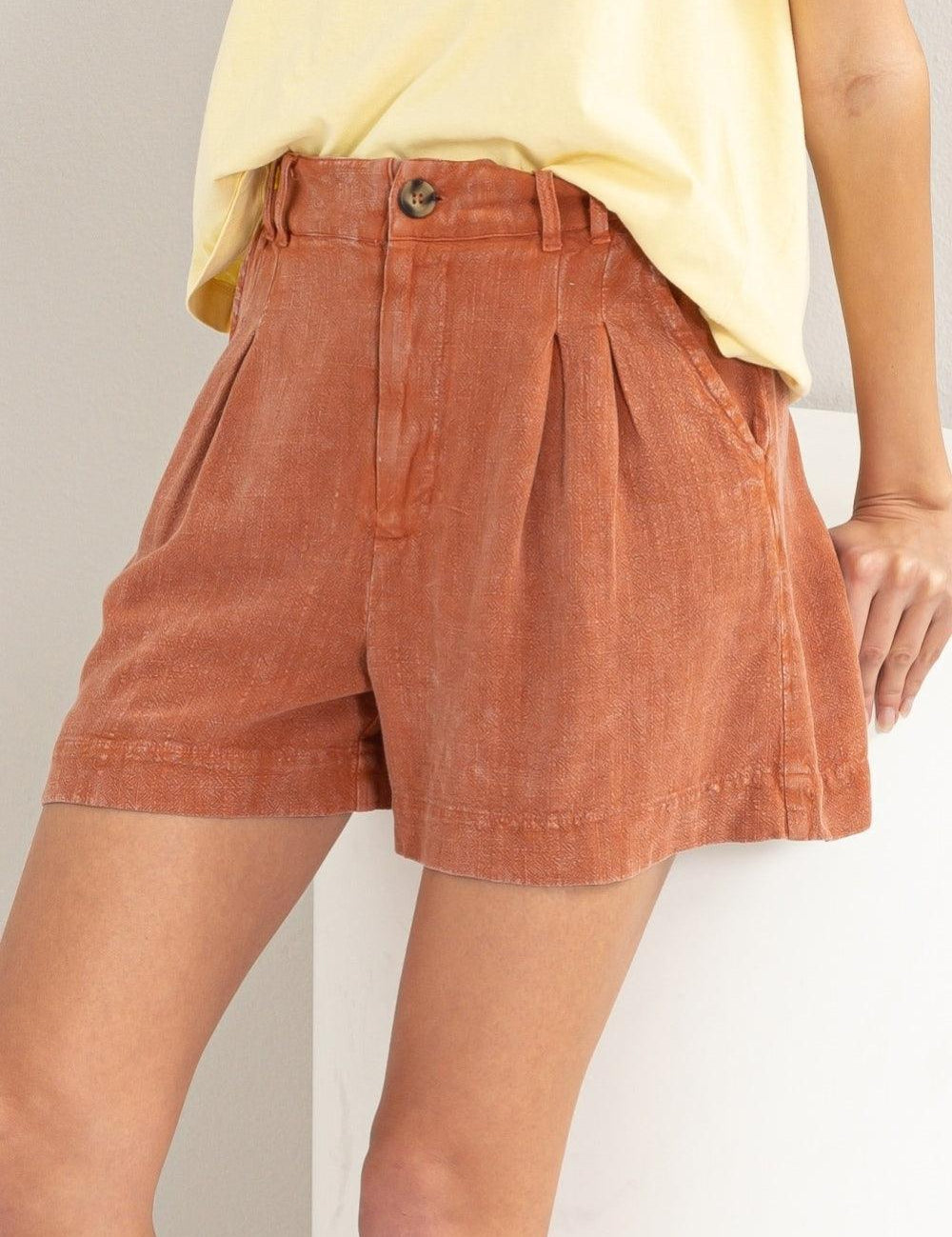 High Waist Pleated Linen Shorts Baked Clay Bottoms