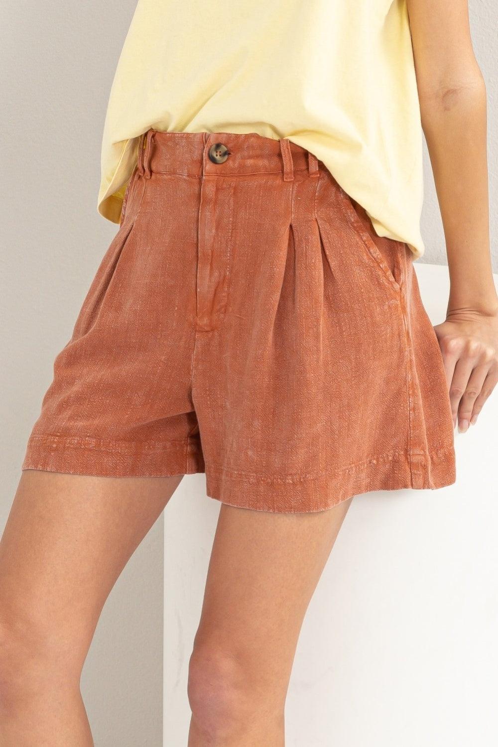 High Waist Pleated Linen Shorts Baked Clay Bottoms