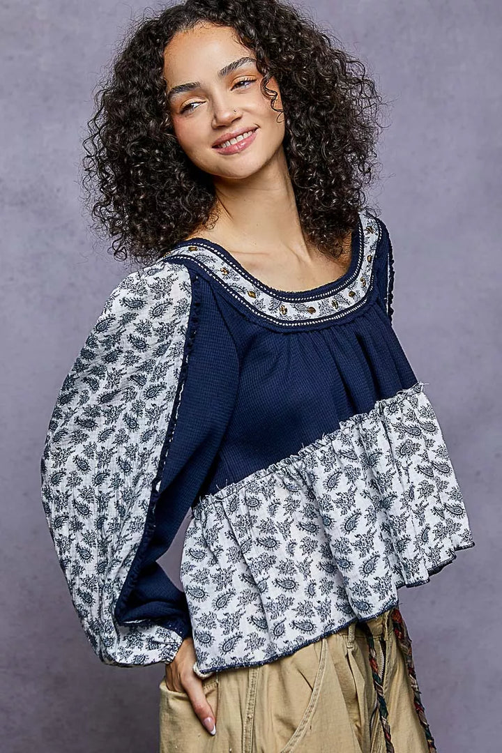 POL Paisley Scoop Neck Balloon Sleeve Cropped Blouse with Stud Detail | Daverri Fashions
