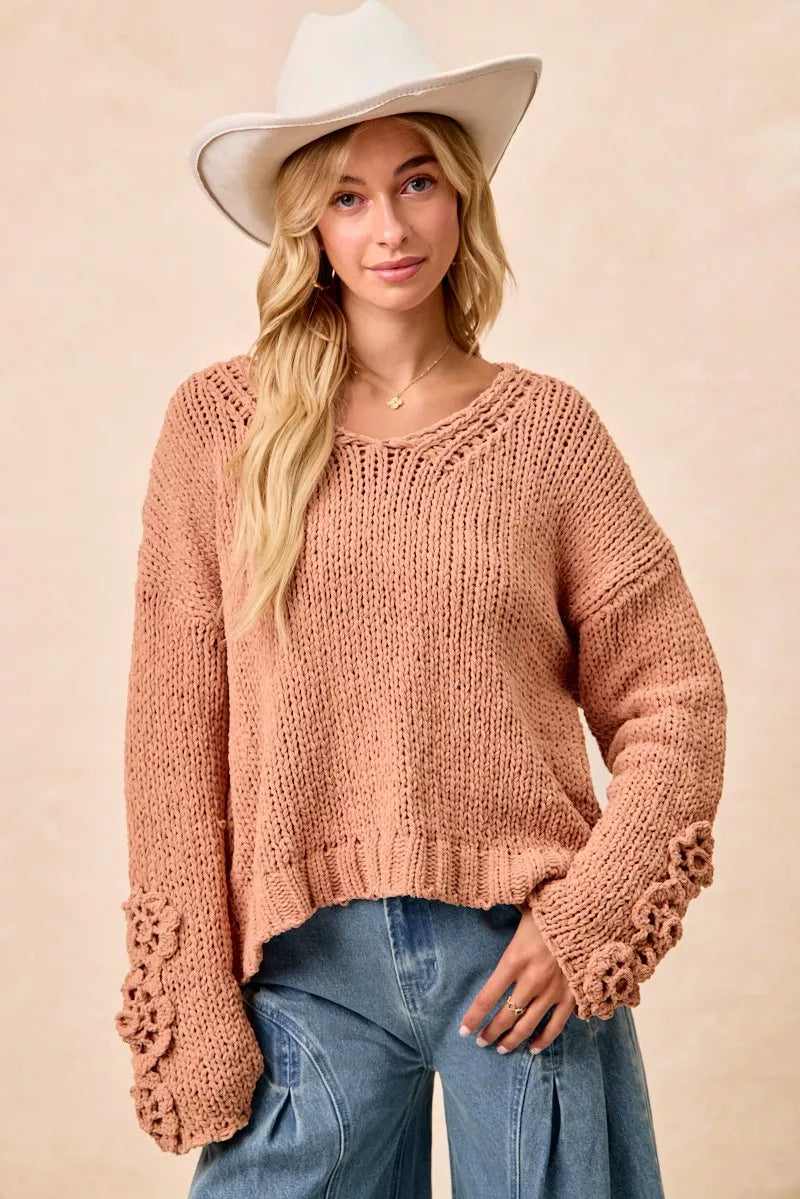 BiBi Chunky Knit Sweater with Flower Detail Sleeves | Sweaters Daverri Fashions