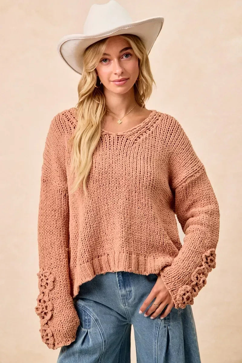 BiBi Chunky Knit Sweater with Flower Detail Sleeves - DAVERRI FASHIONS