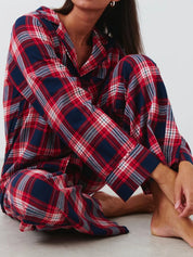 Plaid Collared Neck Button Up Top and Pants Lounge Set | Loungewear Sets Daverri Fashions