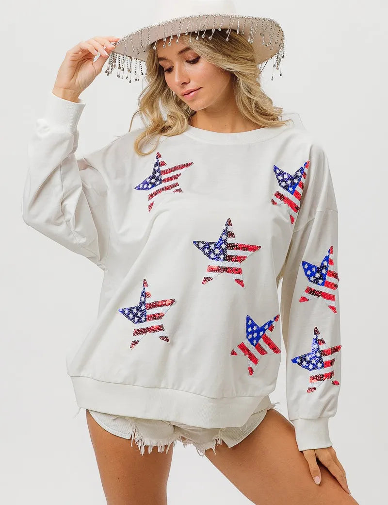 BiBi American Flag Sequin Star Sweatshirt | Sweatshirts Daverri Fashions