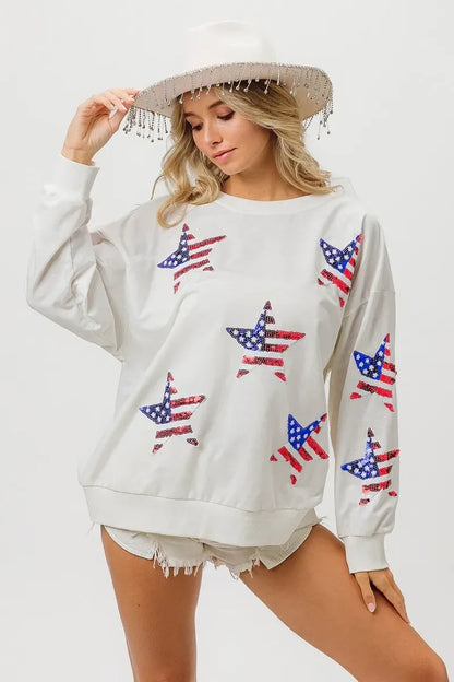 BiBi American Flag Sequin Star Sweatshirt - DAVERRI FASHIONS