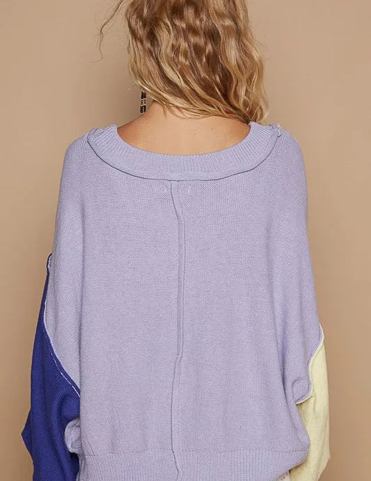 POL Exposed Seam Contrast V-Neck Lantern Sleeve Sweater | Sweaters Daverri Fashions