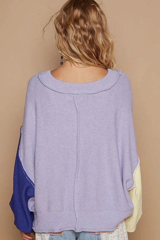 POL Exposed Seam Contrast V-Neck Lantern Sleeve Sweater | Sweaters Daverri Fashions
