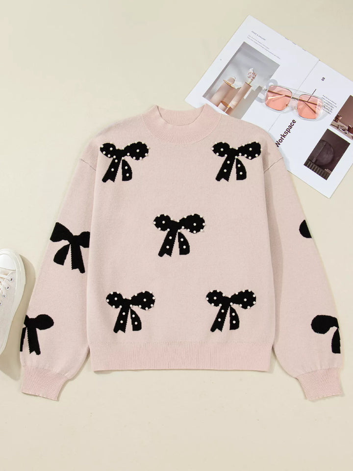 Pearl Embellished Bow Pattern Loose Sweater | Sweaters Daverri Fashions