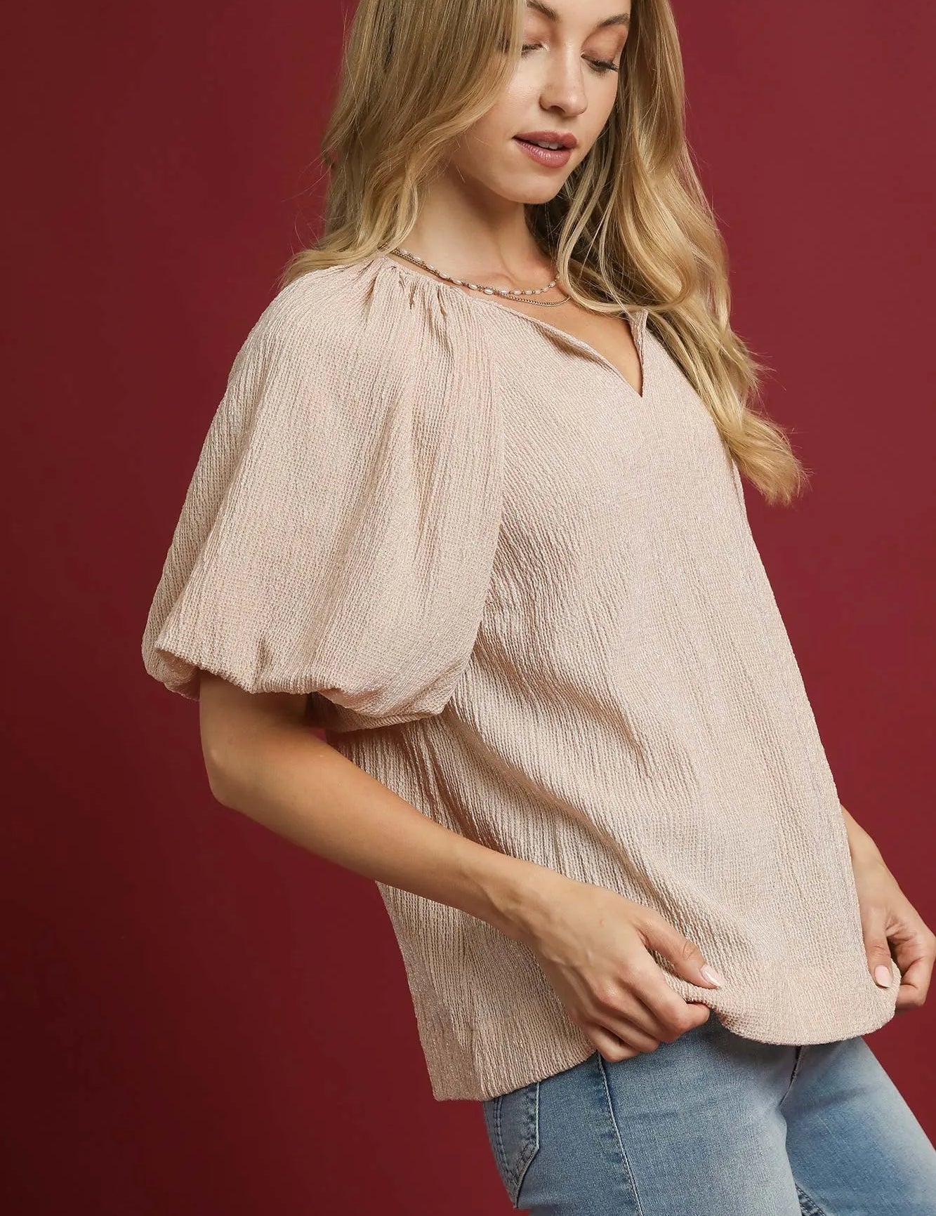 Umgee Texture Puff Sleeve Notched Blouse Stone | Blouses Daverri Fashions