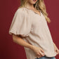 Umgee Texture Puff Sleeve Notched Blouse Stone - DAVERRI FASHIONS