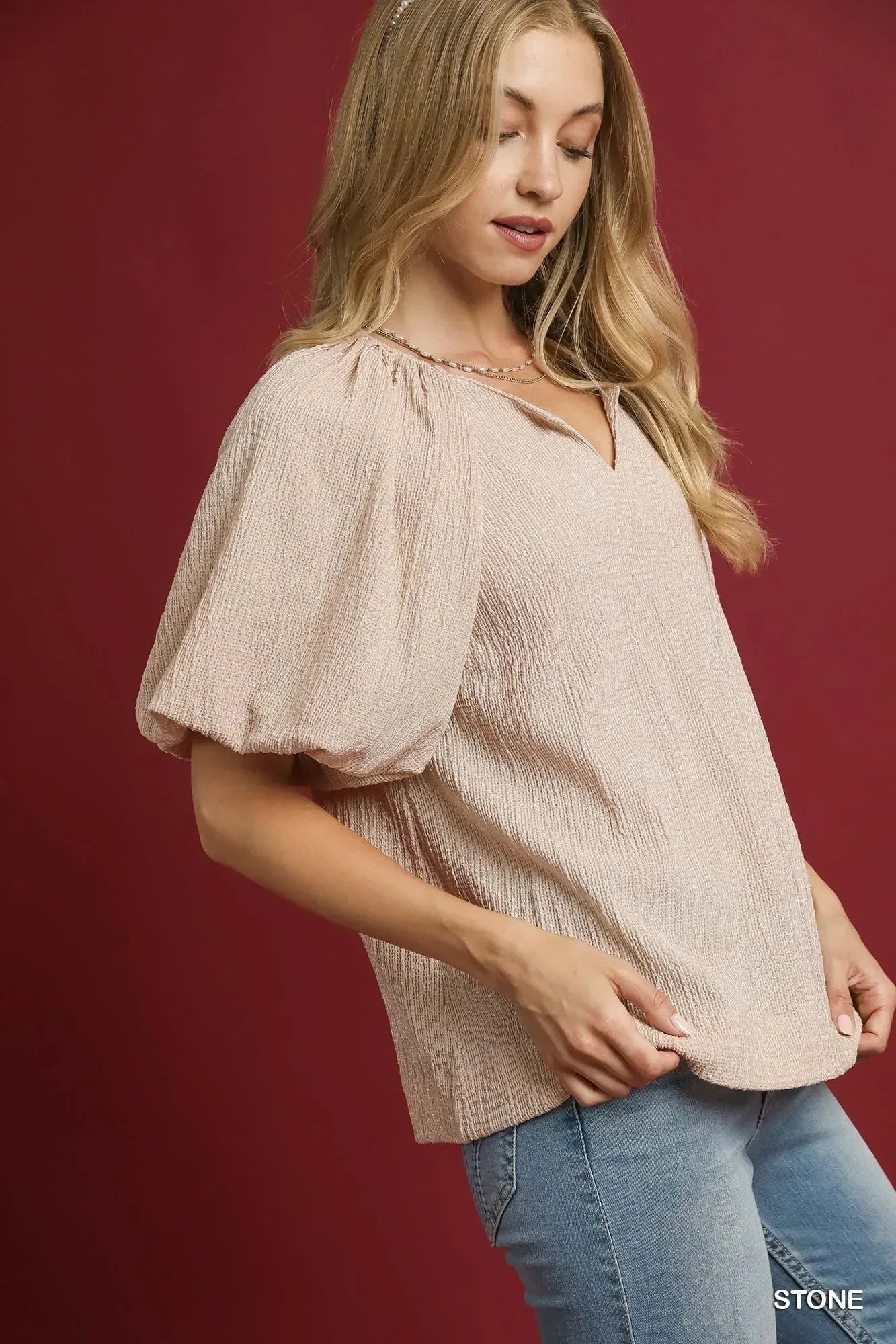 Umgee Texture Puff Sleeve Notched Blouse Stone - DAVERRI FASHIONS