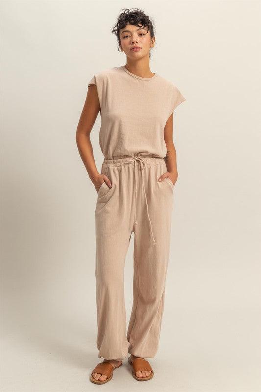 HYFVE Back Keyhole Round Neck Cap Sleeve Drawstring Jumpsuit Tan L Jumpsuits