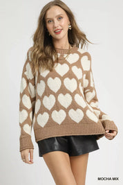 MOCHA MIX Umgee Mix Heart Pattern Pearl Accent Sweater | Sweaters Daverri Fashions