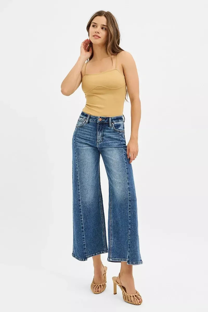 RISEN High Rise Crop Wide Leg Jeans with Step Hem - DAVERRI FASHIONS