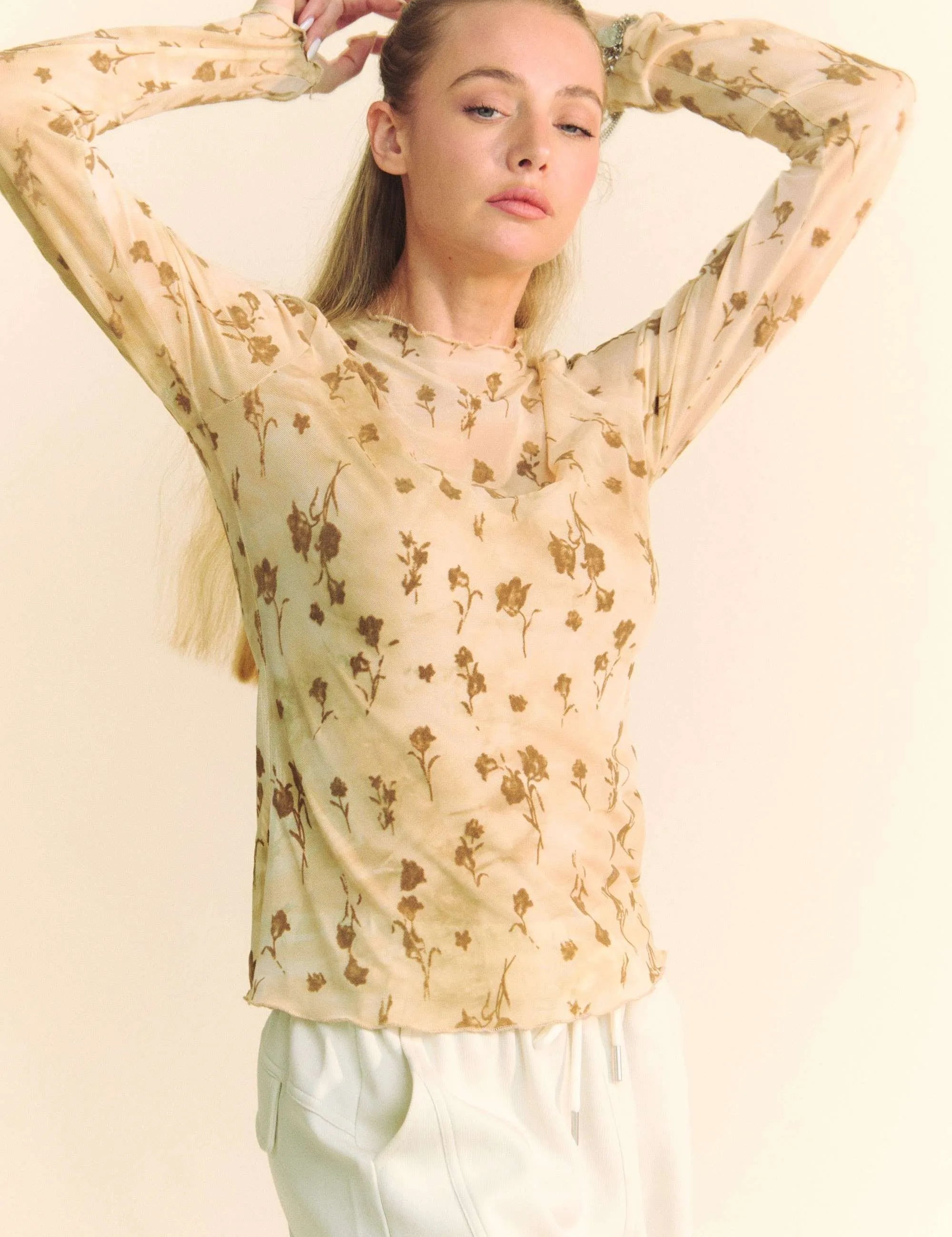 Davi & Dani Floral Mesh Long Sleeve Sheer Layering Top | Tops Daverri Fashions