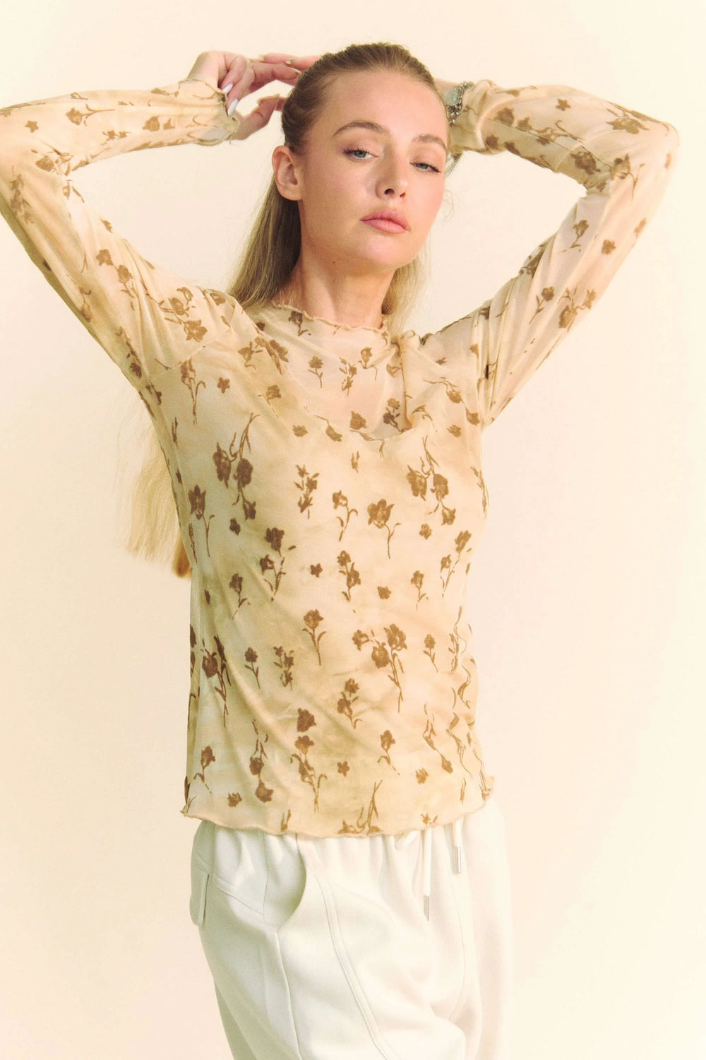 Davi & Dani Floral Mesh Long Sleeve Sheer Layering Top Tops
