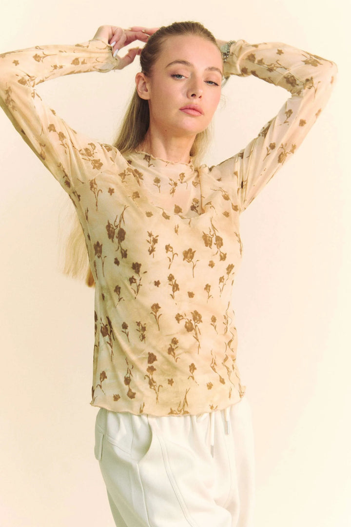 Davi & Dani Floral Mesh Long Sleeve Sheer Layering Top Tops
