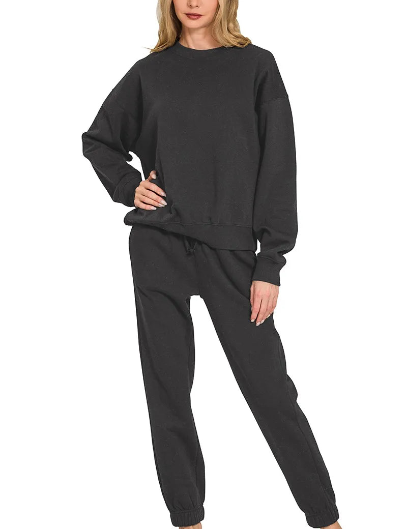 BLACK Zenana Fleece Long Sleeve Pullover & Jogger Set | Loungewear Sets Daverri Fashions