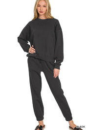 BLACK Zenana Fleece Long Sleeve Pullover & Jogger Set | Loungewear Sets Daverri Fashions