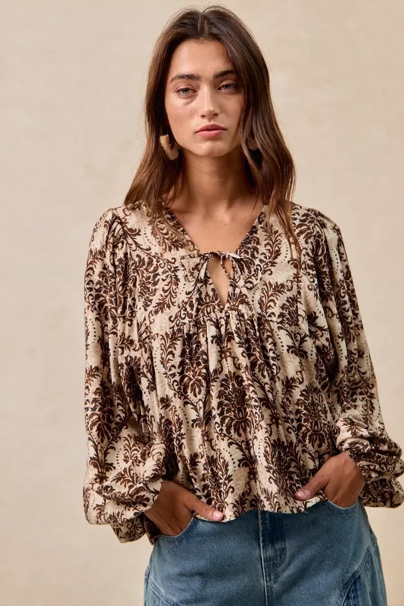 BiBi Printed Woven Front Tied Blouse with Baloon Sleeve - DAVERRI FASHIONS